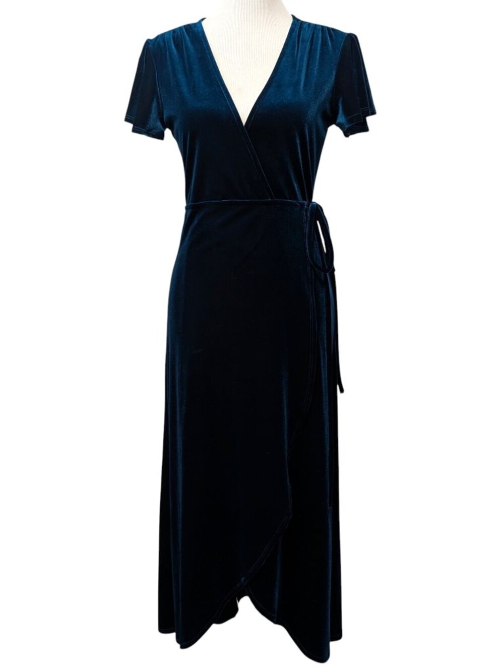BHLDN Anthropologie Sz S Thrive Teal Blue Velvet Flutter Sleeves Midi Wrap Dress
